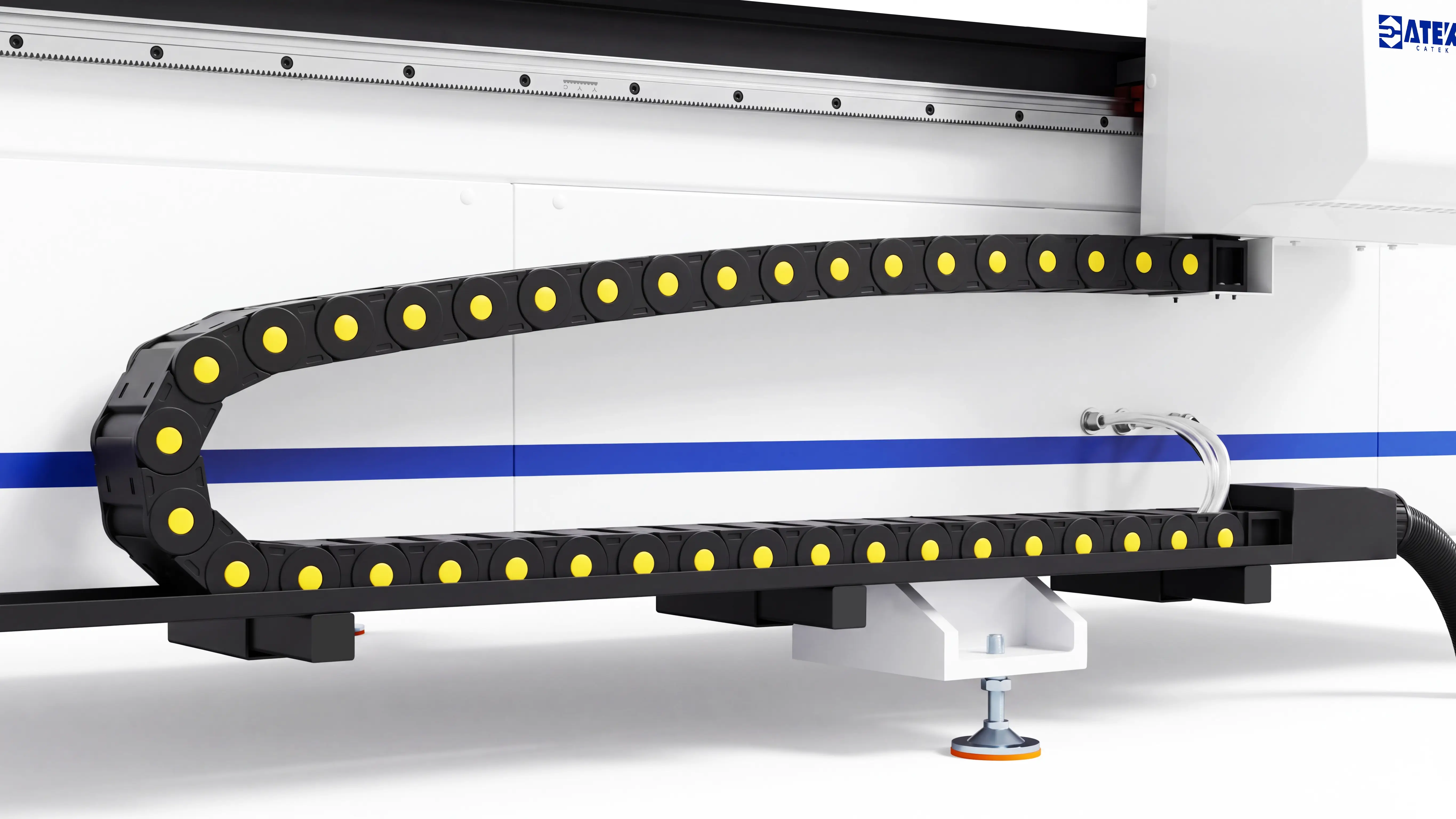 Fully enclosed heavy-duty
													cable carrier system of Spire 1530 dual-spindle CNC router