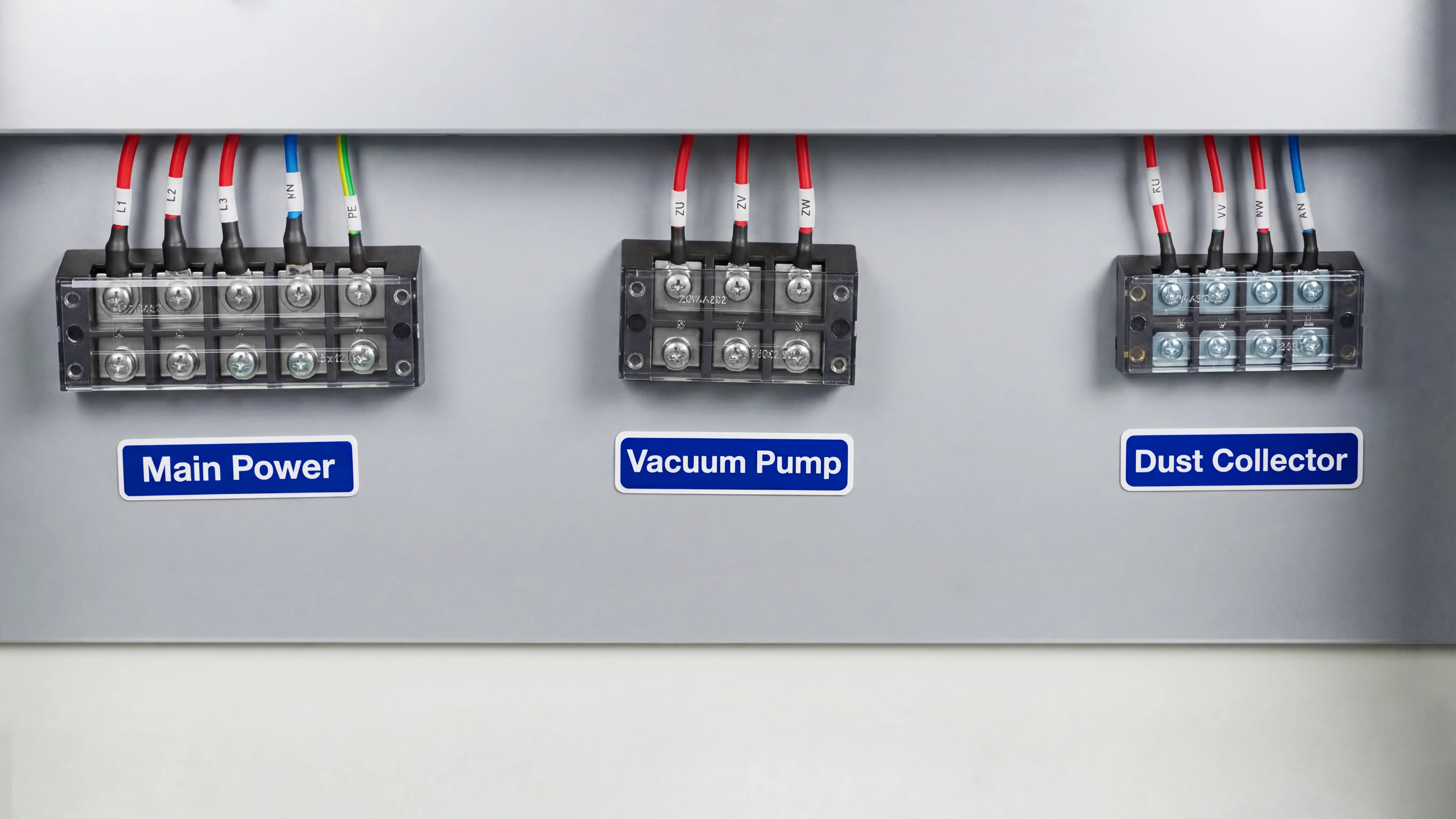 Independent electrical terminal blocks of Spire 1530 dual-spindle CNC router