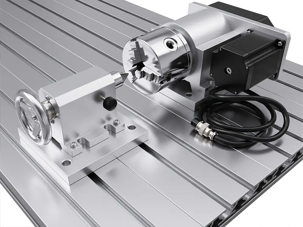 Rotary 4th axis attachment for a desktop CNC router, enabling cylindrical engraving and 3D machining on wood, acrylic, and aluminum materials