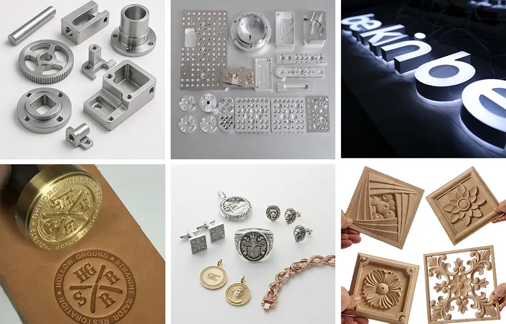 6090 desktop CNC router samples showing precision engraving on wood, acrylic, aluminum, and plastic