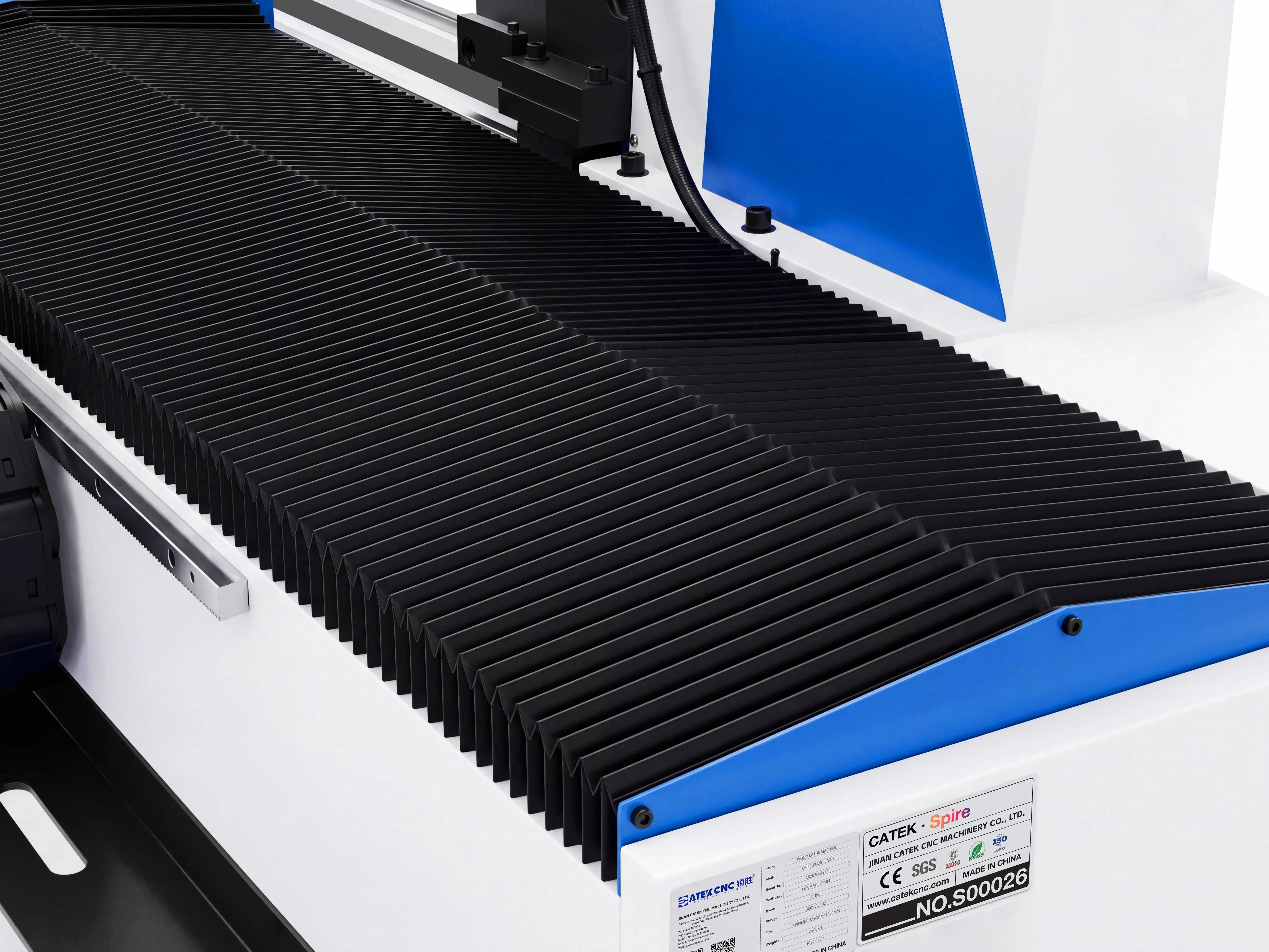 Fully enclosed bellows cover for Z-axis of Spire 1530 5-axis CNC wood lathe