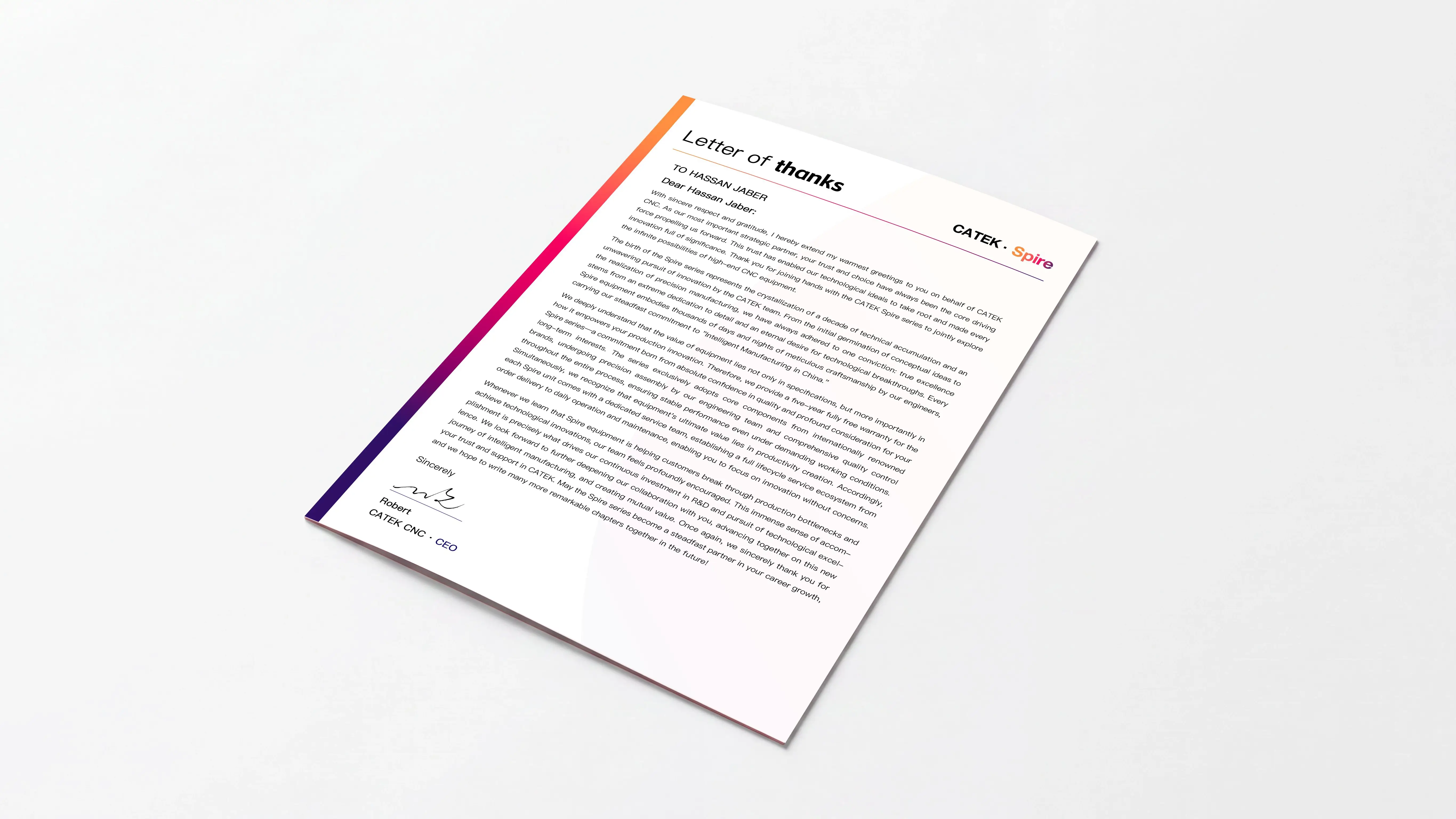 Letter of thanks of Spire 1530 5-axis CNC wood lathe