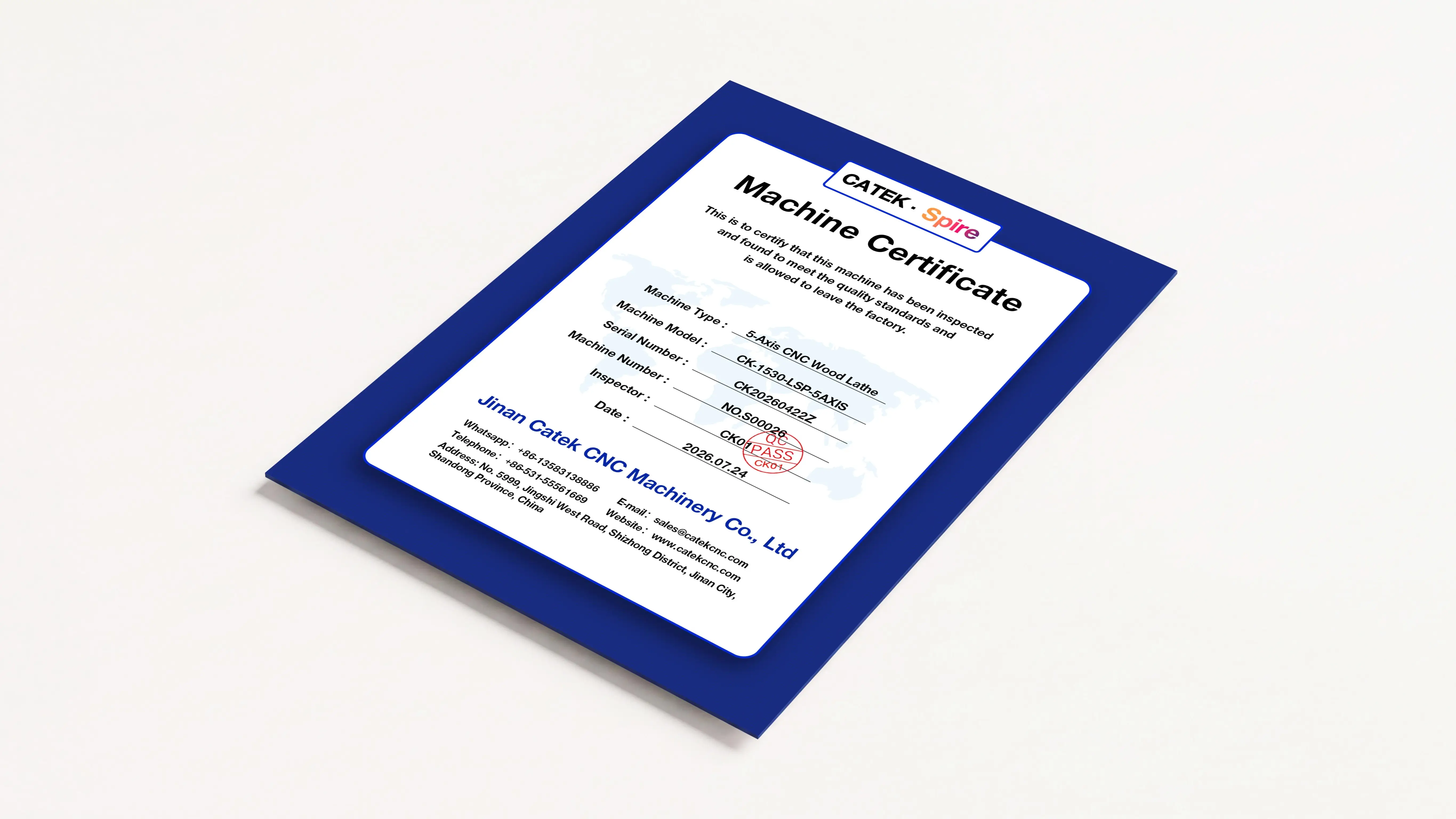 Machine certificate of Spire 1530 5-axis CNC wood lathe