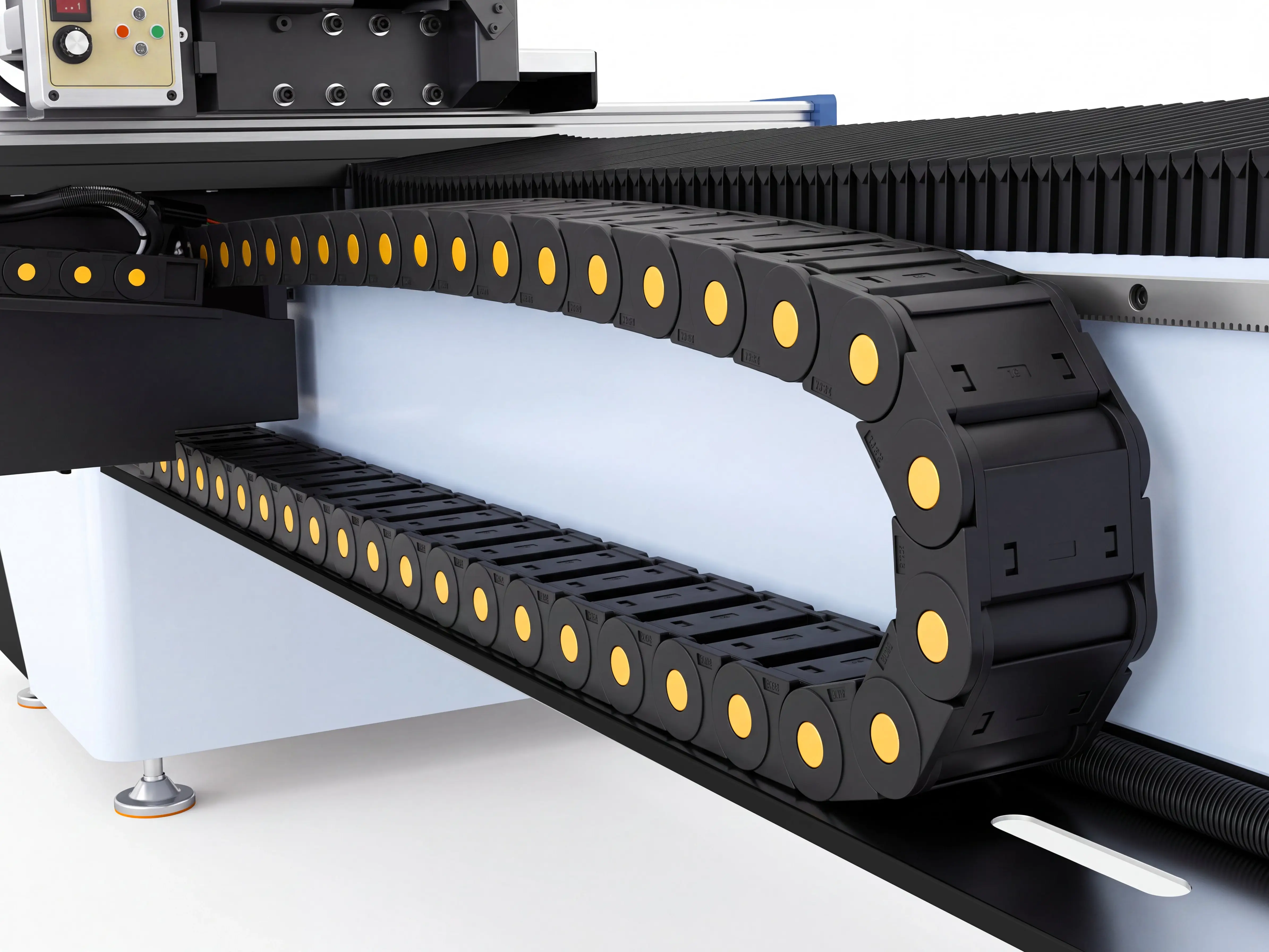 Fully enclosed cable carrier of Spire 1530 5-axis CNC wood lathe