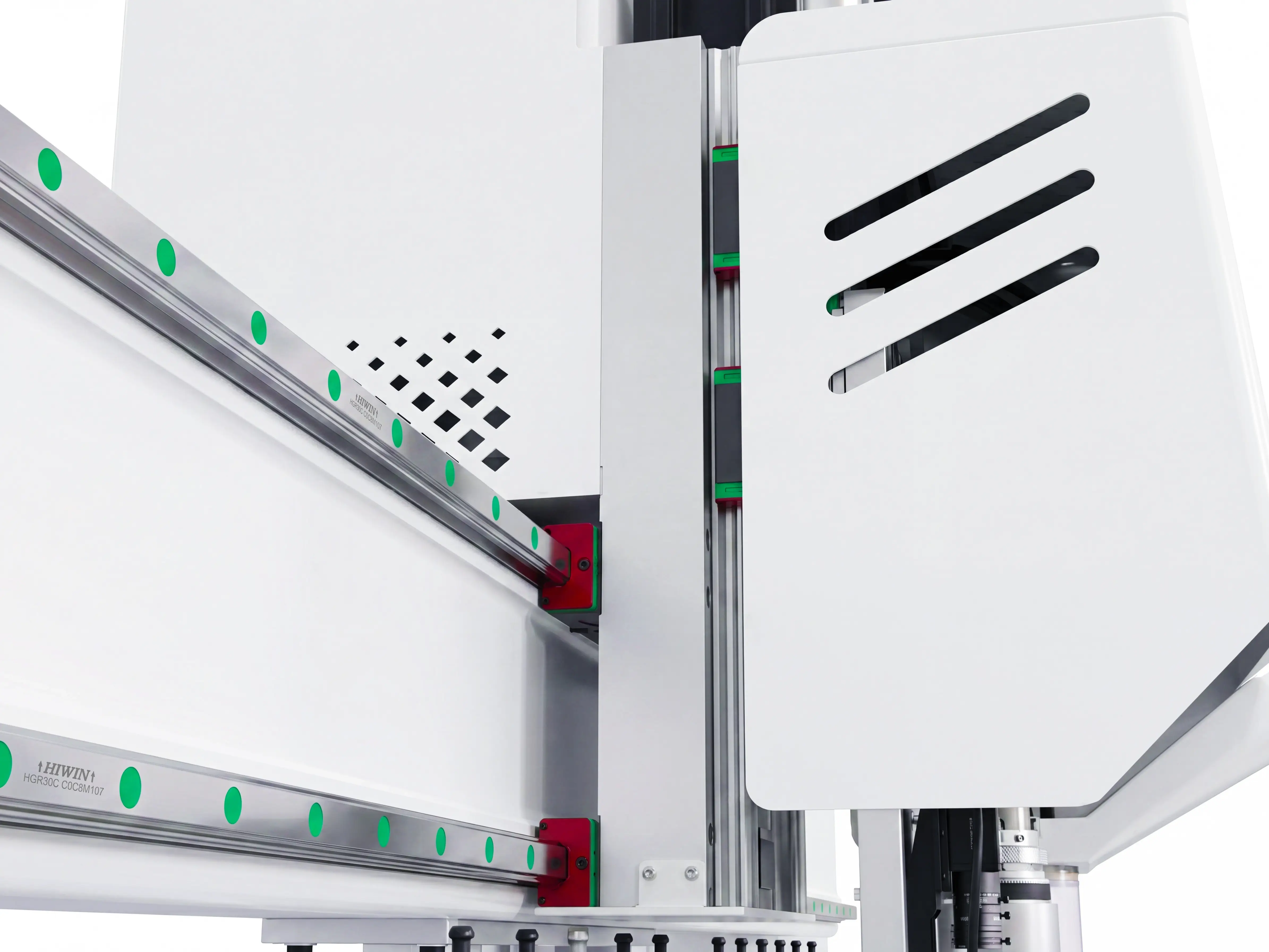 Anodized aluminum z-axis mounting plate of Spire 2030 ATC CNC router with oscillating cutter