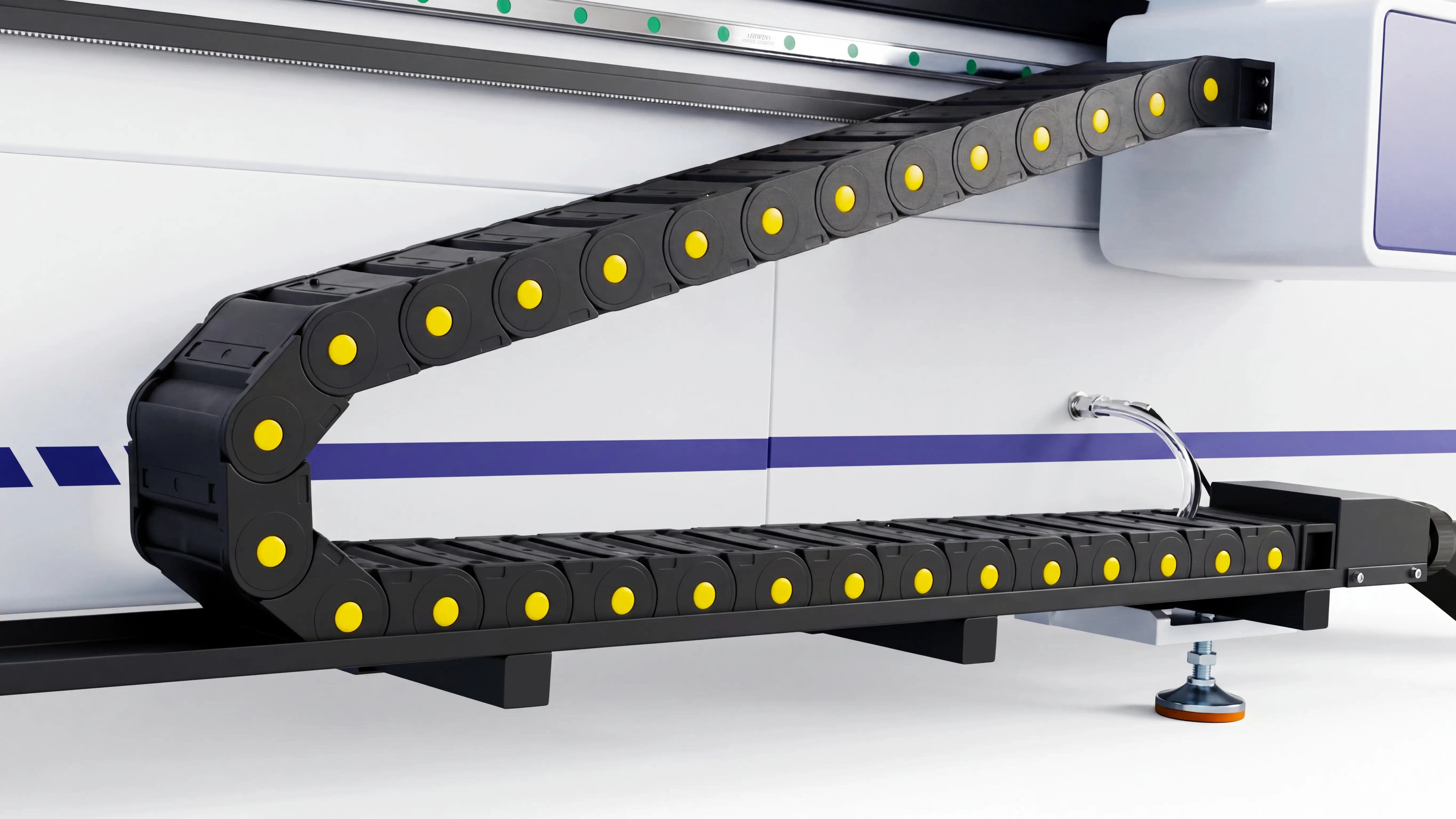 Fully enclosed high-strength cable carrier of Spire 2030 ATC CNC router with oscillating cutter