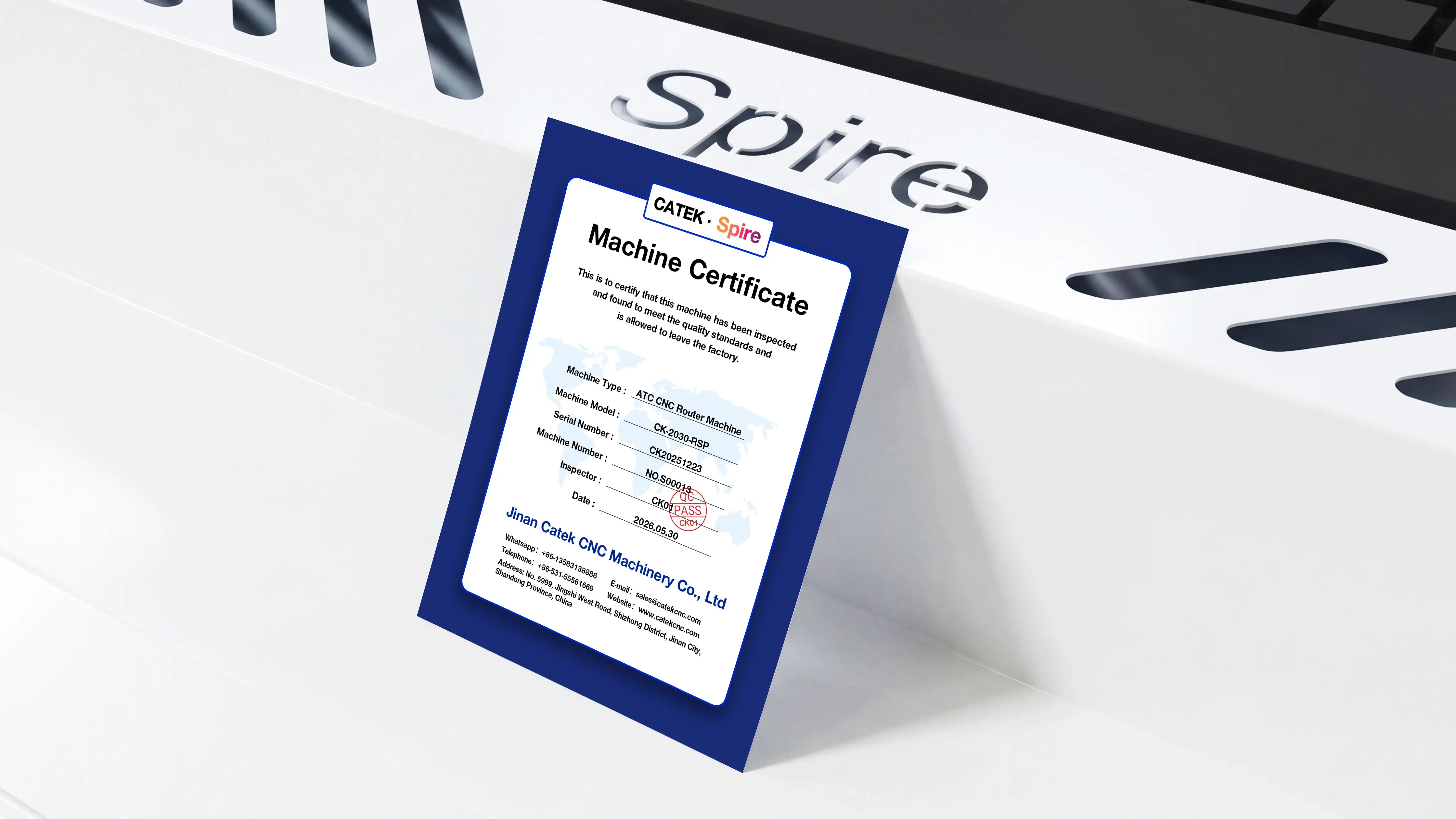 Machine certificate for Spire 2030 ATC CNC router with oscillating cutter