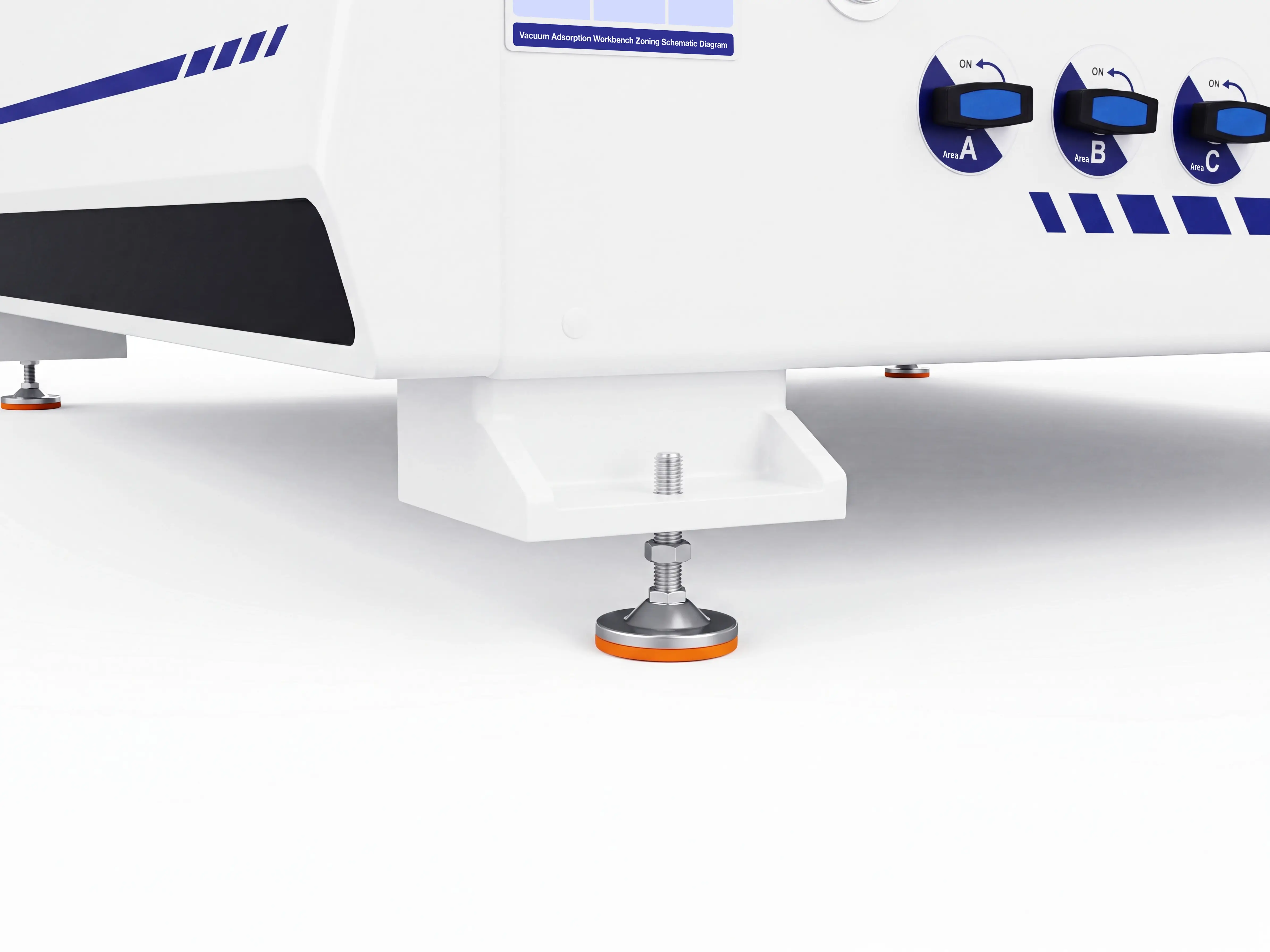 Adjustable leveling feet for Spire 2030 ATC CNC router with oscillating cutter