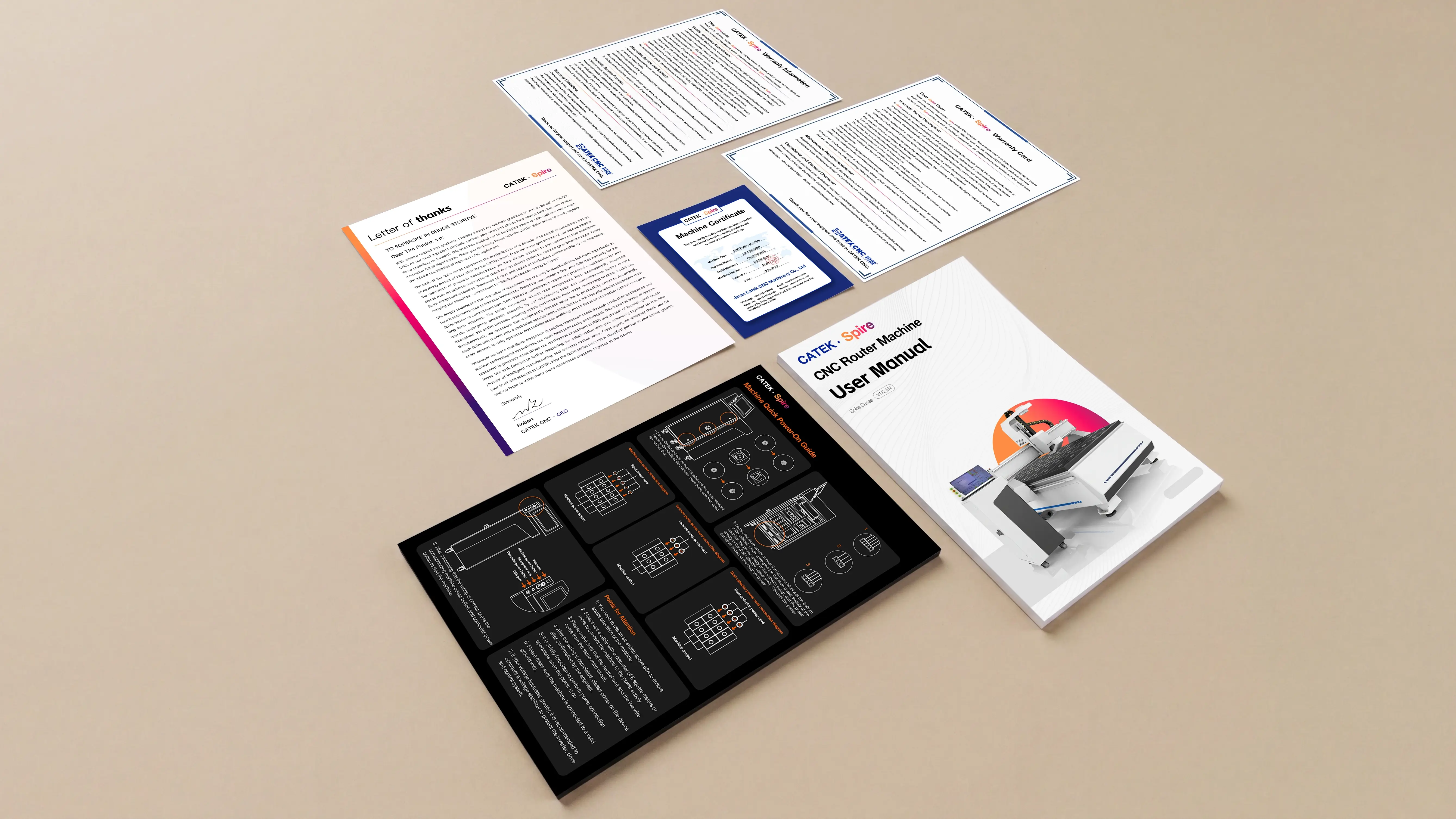 Complete documentation kit for Spire 1325 4-axis CNC router with swing head and rotary 4th axis