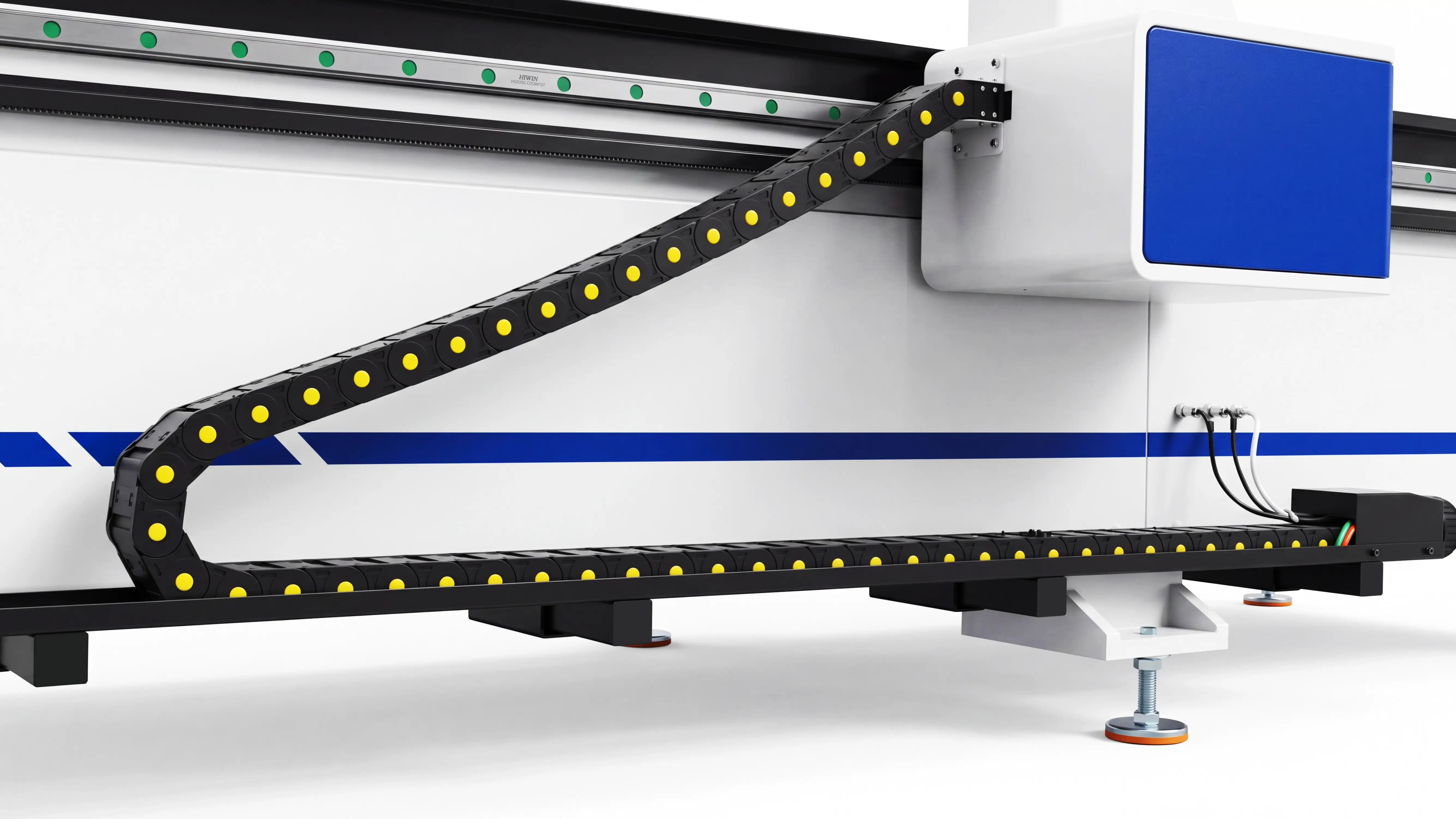 Fully Enclosed Cable Protection Drag Chain of Spire 1325 4-axis CNC router with swing head and rotary 4th axis