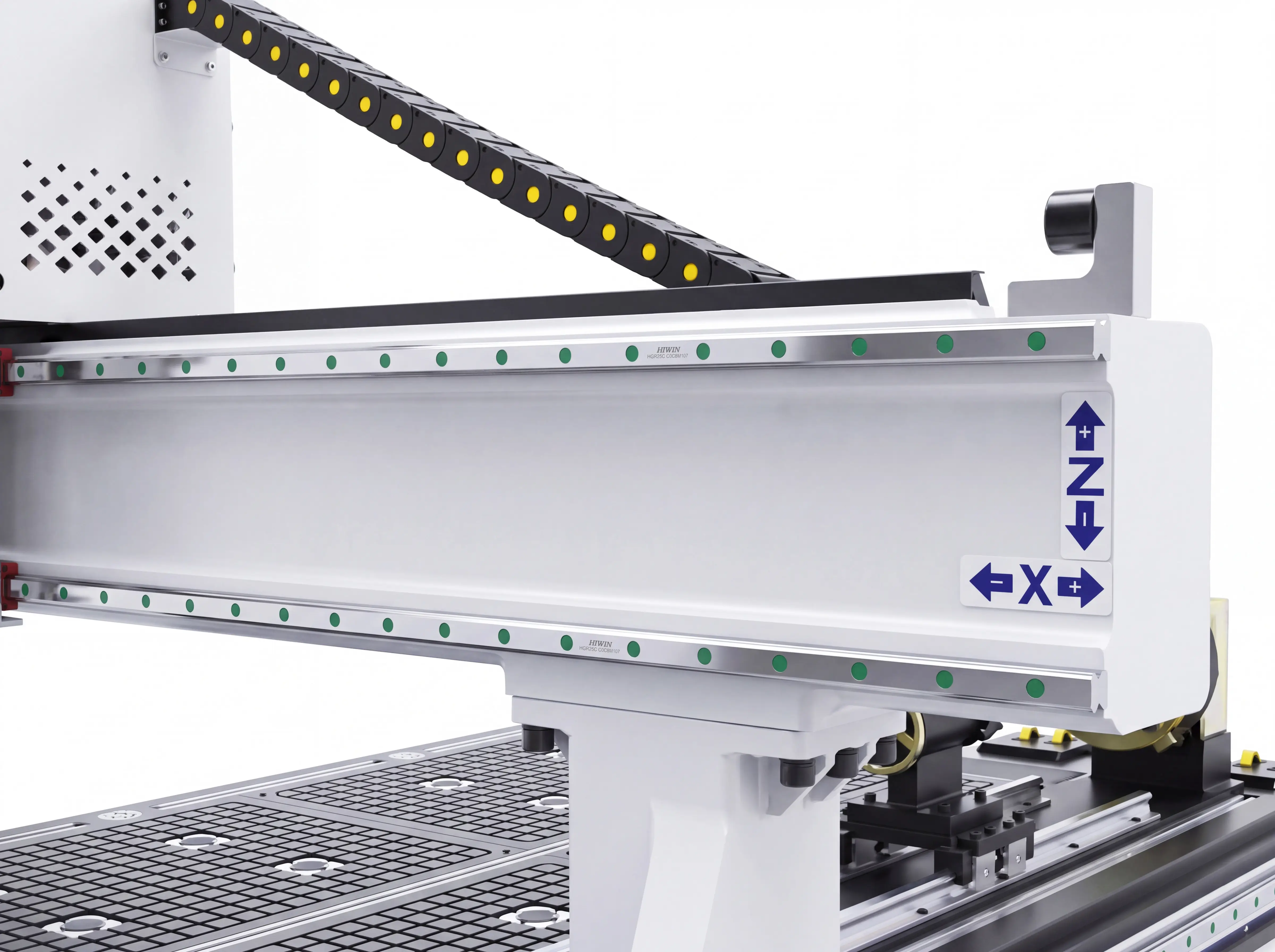 High rigidity gantry beams of Spire 1325 4-axis CNC router with swing head and rotary 4th axis