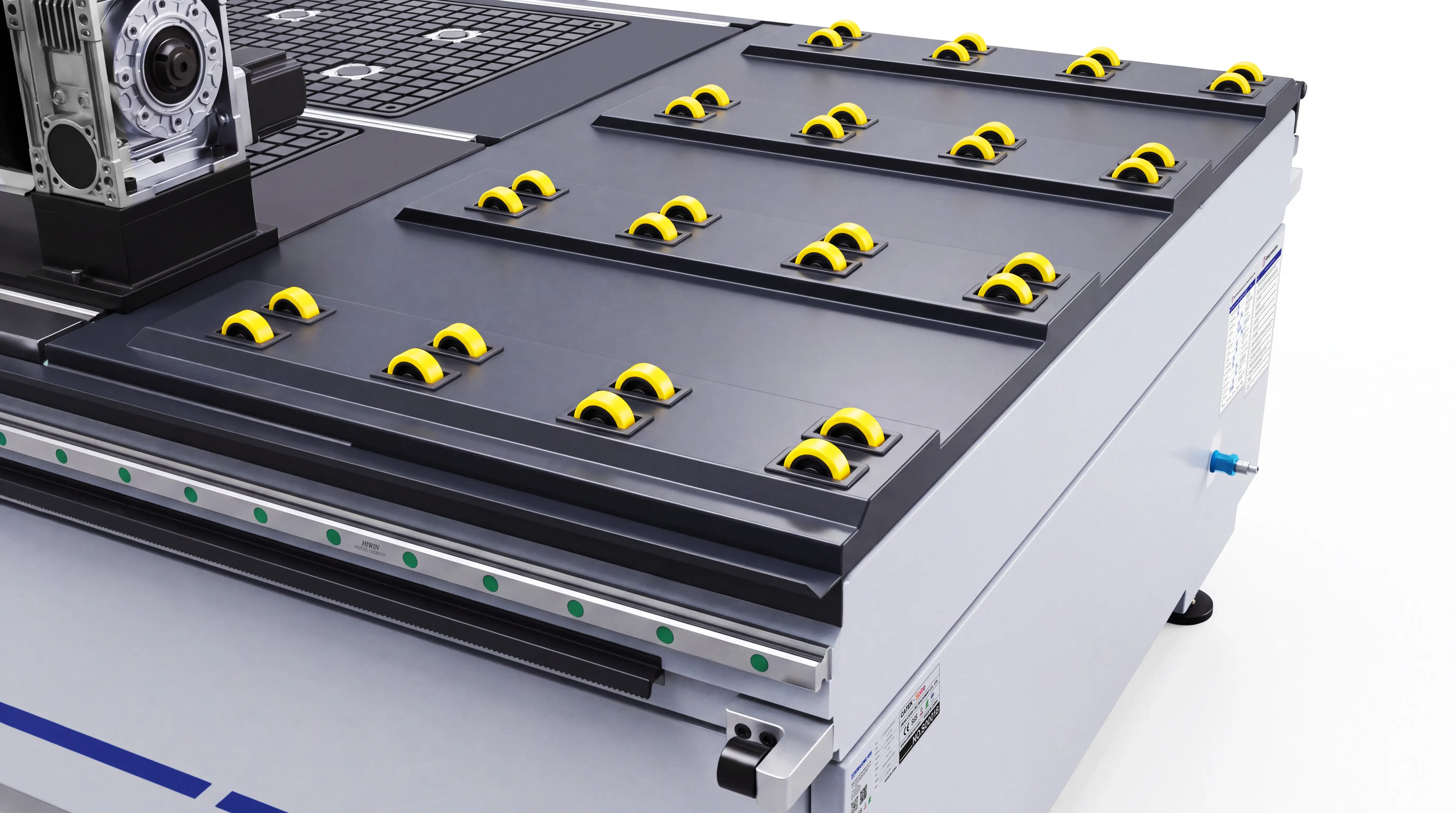 Auxiliary loading rollers for Spire 1325 4-axis CNC router with swing head and rotary 4th axis