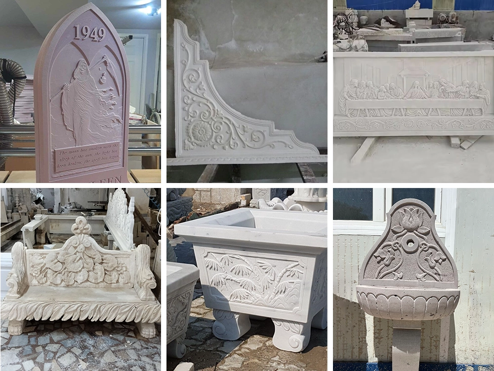 Cases of the 7x10 ft CNC stone router processing various stone products. Cases of the 7x10 ft CNC stone router processing various stone products.