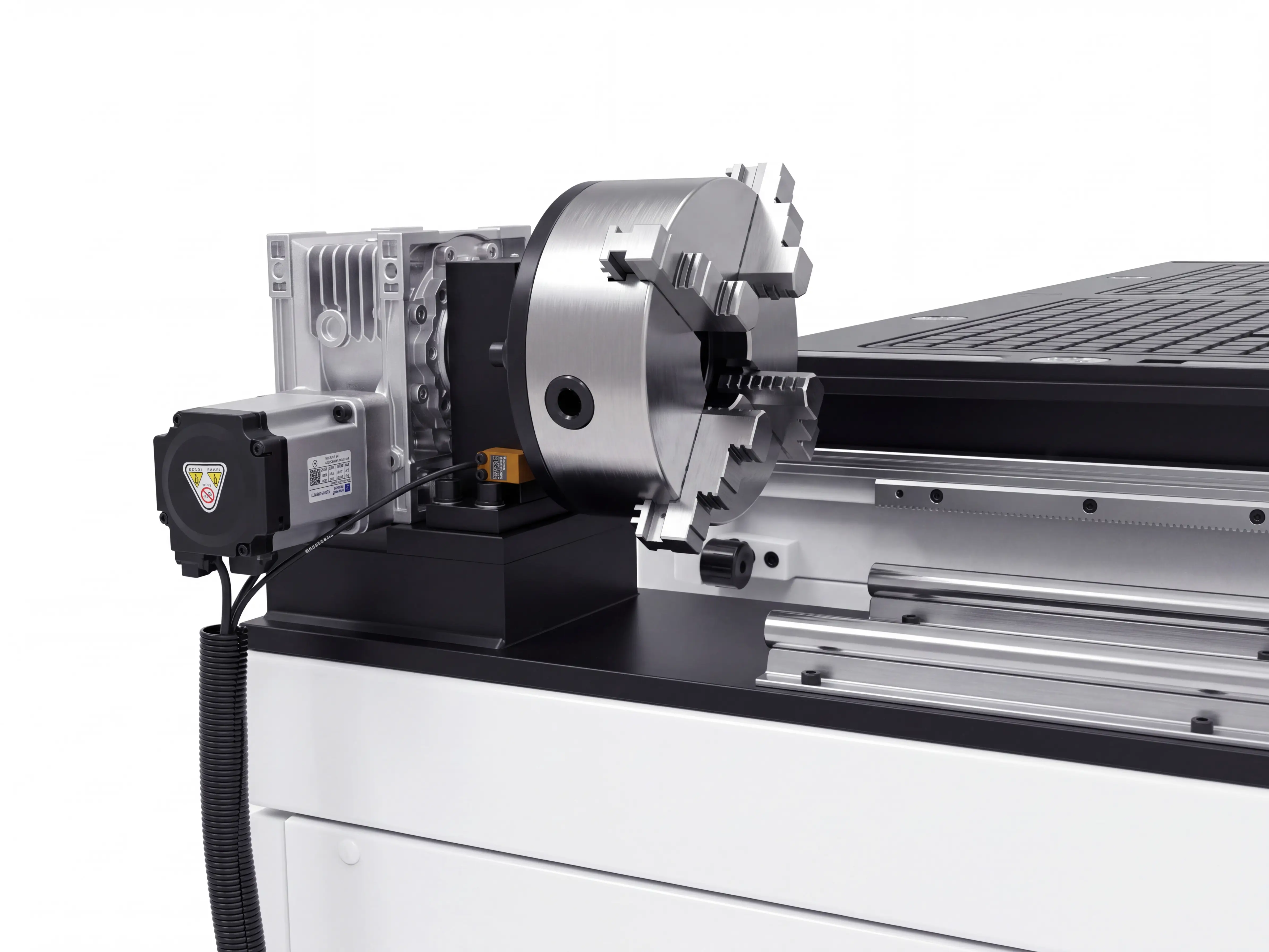 Rotary-axis four-jaw chuck of Spire 1530 4-axis CNC router with rotary 4th axis