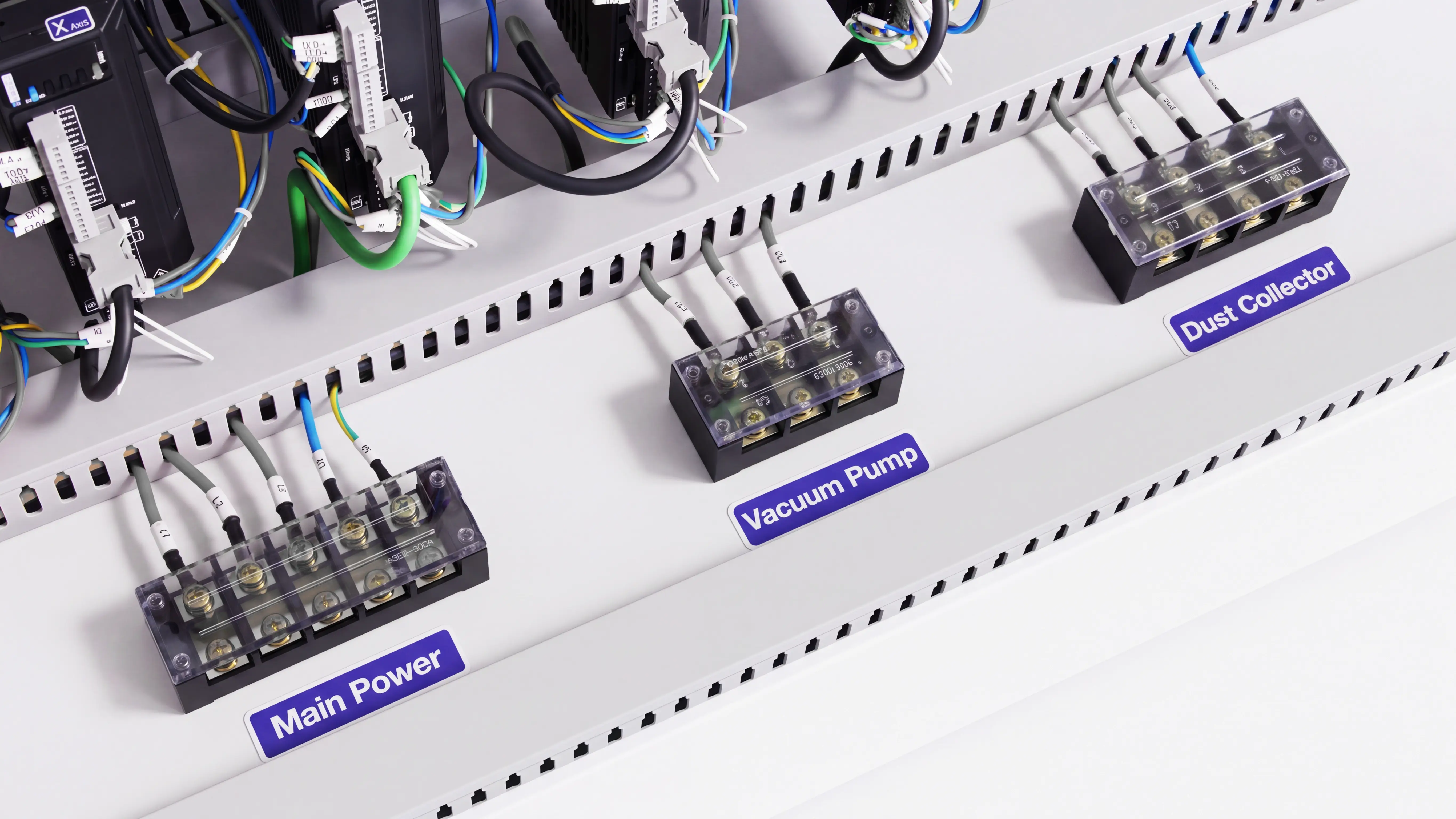 Independent electrical terminal blocks of Spire 1530 4-axis CNC router with rotary 4th axis