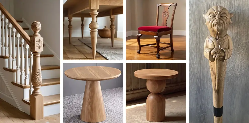 The CK-1325-RT CNC wood router can process stair newels, table legs, chair legs, walking sticks, etc.