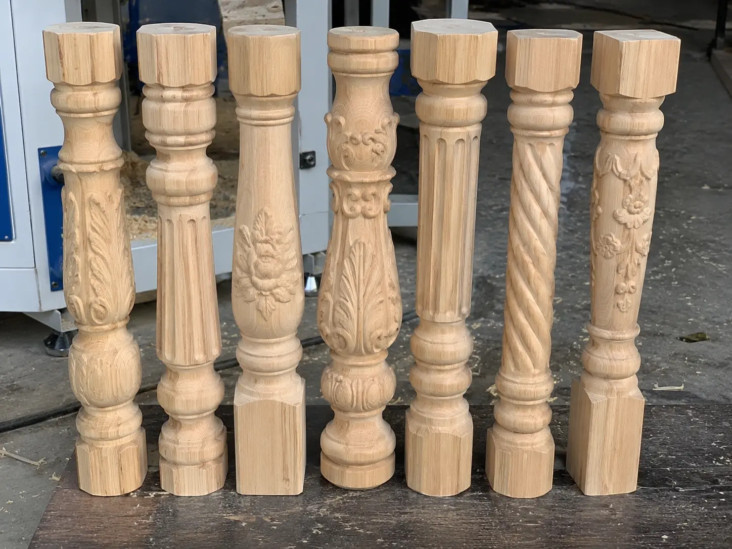 Table leg samples machined by a Slovakian customer using a 7-in-1 wood lathe