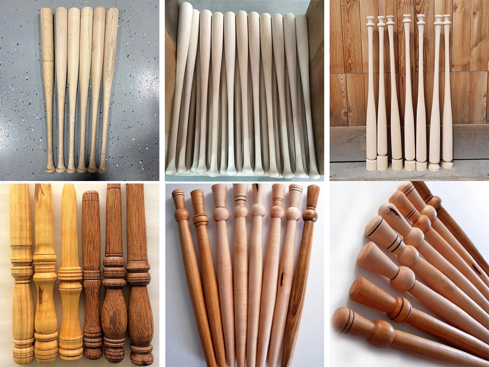 Baseball bats and potato mashers processed by 2-station 1516 wood lathe Baseball bats and potato mashers processed by 2-station 1516 wood lathe