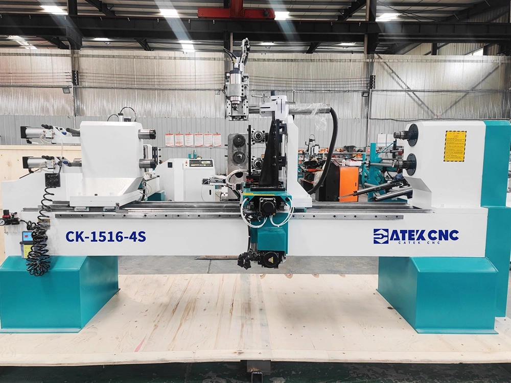 Front view of 2-station multifunctional CNC wood lathe with four-axis linkage Front view of 2-station multifunctional CNC wood lathe with four-axis linkage