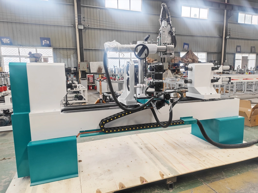 Rear left view of 2-station multifunctional CNC wood lathe with four-axis linkage Rear left view of 2-station multifunctional CNC wood lathe with four-axis linkage