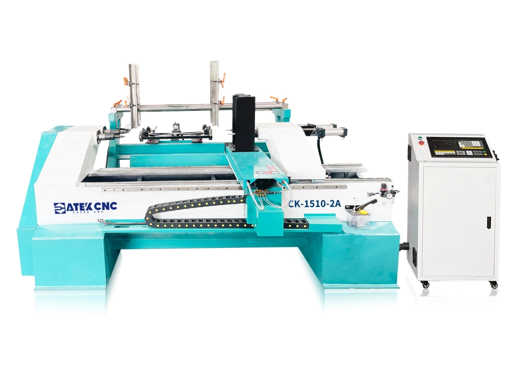 Fully automatic hopper fed CNC pool cue lathe with two processing stations Fully automatic hopper fed CNC pool cue lathe with two processing stations