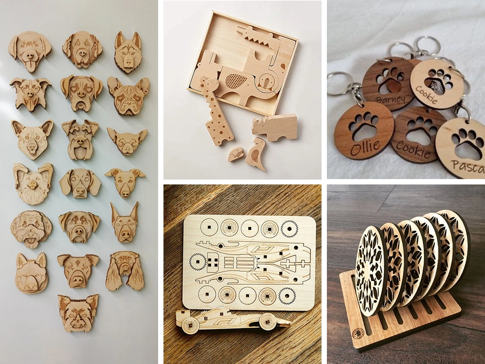 CO2 laser cutter can make wood magnets, wood puzzles, wood coasters, wood pet tag and keyring set CO2 laser cutter can make wood magnets, wood puzzles, wood coasters, wood pet tag and keyring set