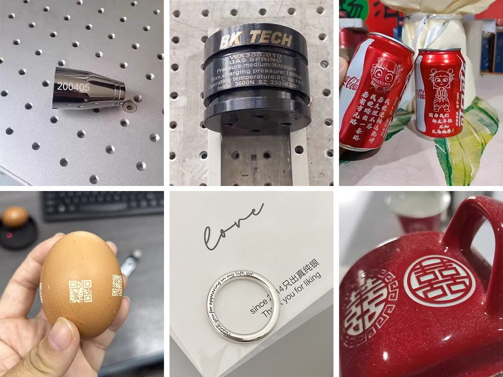 Examples of fiber laser marking machine with rotary axis marking pen-shaped metal parts, bearings, cola cans, eggs, rings, and water cups Examples of fiber laser marking machine with rotary axis marking pen-shaped metal parts, bearings, cola cans, eggs, rings, and water cups
