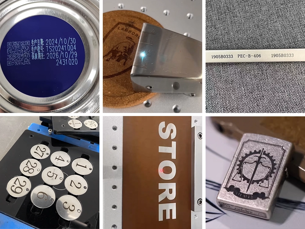 Examples of the fiber laser marking machine with rotary axis applying production batch numbers, scales, numbers, text, and patterns on items such as milk powder cans, metal parts, elevator buttons, signage, and lighters Examples of the fiber laser marking machine with rotary axis applying production batch numbers, scales, numbers, text, and patterns on items such as milk powder cans, metal parts, elevator buttons, signage, and lighters