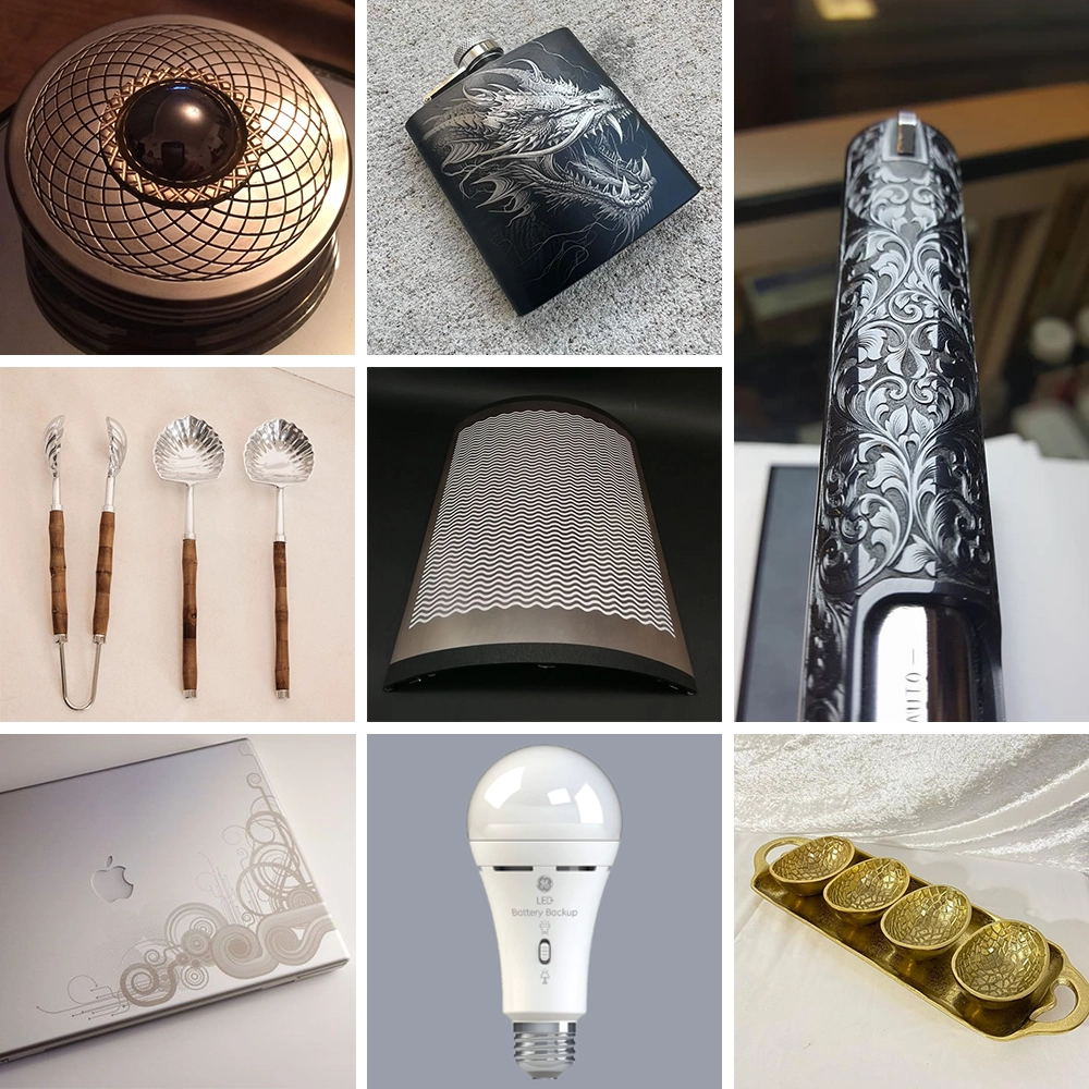 A fiber laser marking machine equipped with a 3D dynamic focusing system can perform large-format marking or deep engraving on products with uneven surfaces, such as tableware, curved decorative panels, laptops, lamp bases, firearms, and more A fiber laser marking machine equipped with a 3D dynamic focusing system can perform large-format marking or deep engraving on products with uneven surfaces, such as tableware, curved decorative panels, laptops, lamp bases, firearms, and more