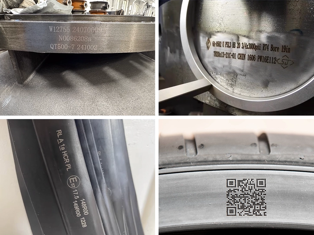 Examples of using a split handheld fiber laser marker to mark various types of workpieces that are difficult to move, such as large metal die-cast parts, tires, etc. Examples of using a split handheld fiber laser marker to mark various types of workpieces that are difficult to move, such as large metal die-cast parts, tires, etc.