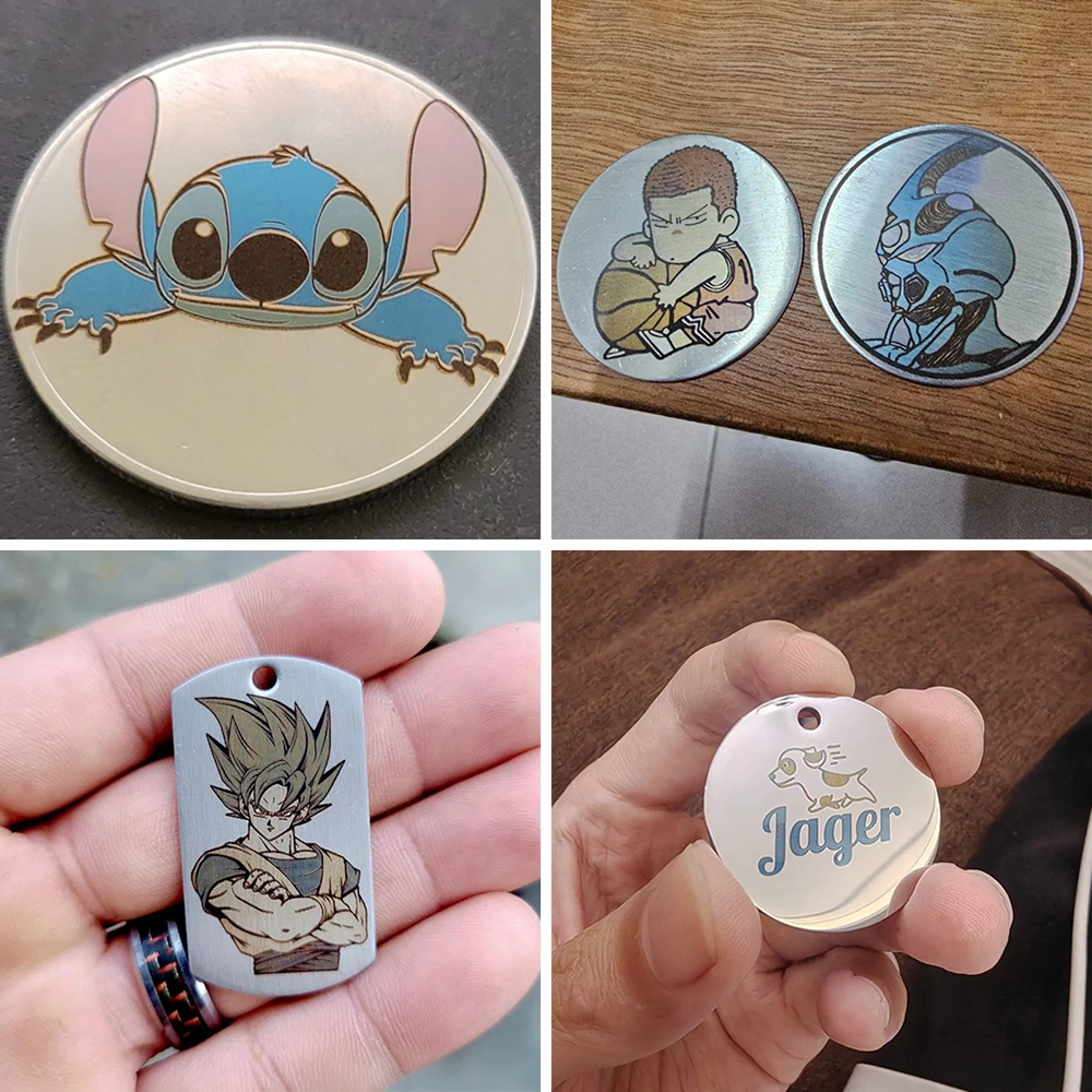 The MOPA fiber laser color marking machine marks color patterns on metal signs The MOPA fiber laser color marking machine marks color patterns on metal signs