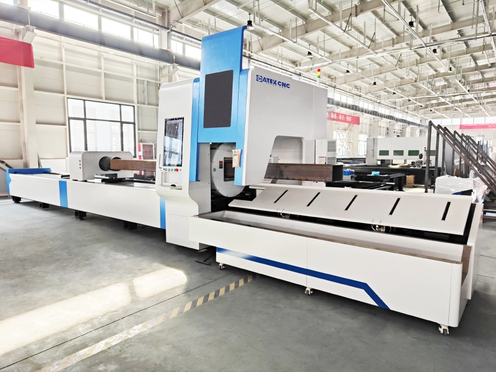 Front right view of the tube laser cutter with unloading platform Front right view of the tube laser cutter with unloading platform