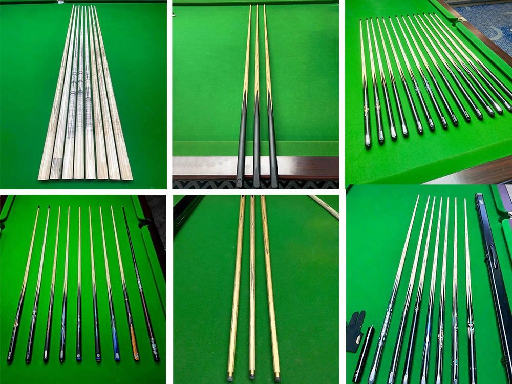 Examples of pool cues that can be processed by 3-station pool cue lathe Examples of pool cues that can be processed by 3-station pool cue lathe
