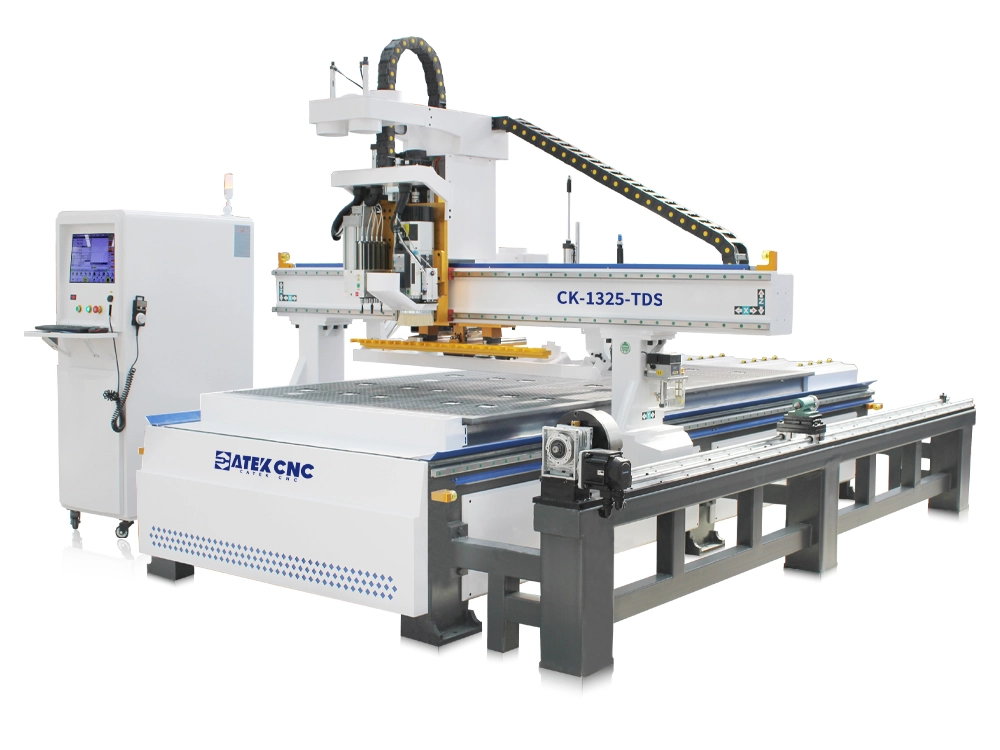 Linear ATC CNC nesting machine with 5+4 pneumatic drilling unit and 3D rotary axis Linear ATC CNC nesting machine with 5+4 pneumatic drilling unit and 3D rotary axis