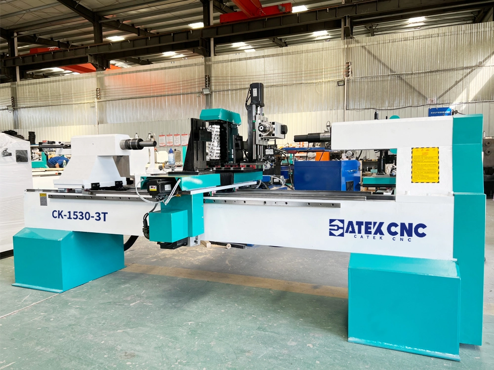 Front right view of three-function switchable CNC wood lathe Front right view of three-function switchable CNC wood lathe