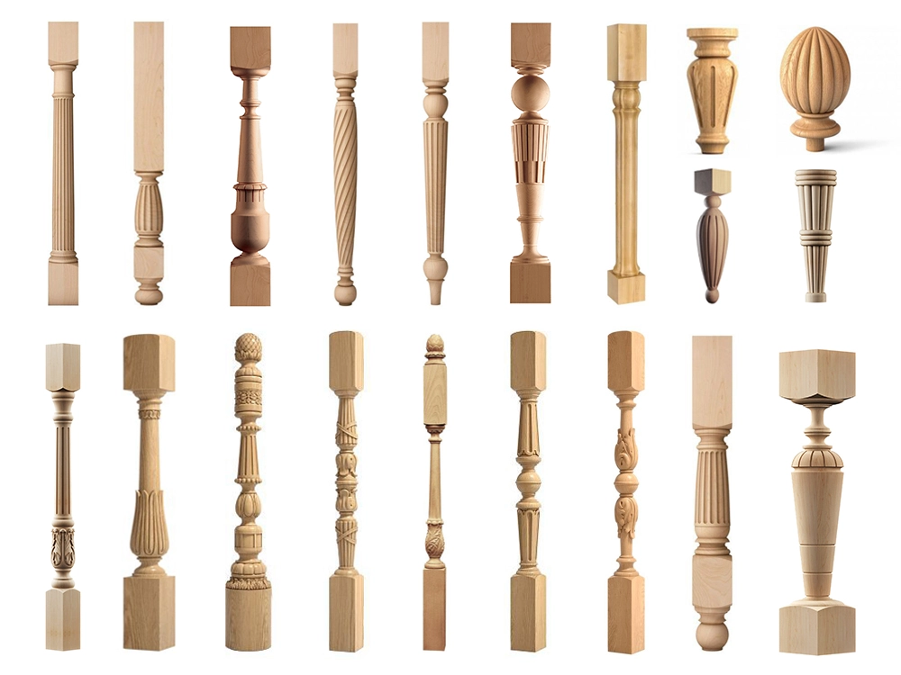 Examples of the turning and carving combo CNC wood lathe machining stair columns and stair ball caps. Examples of the turning and carving combo CNC wood lathe machining stair columns and stair ball caps.