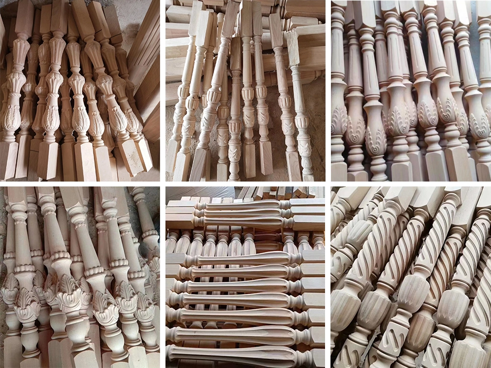 Examples of the turning and carving combo CNC wood lathe machining stair columns Examples of the turning and carving combo CNC wood lathe machining stair columns