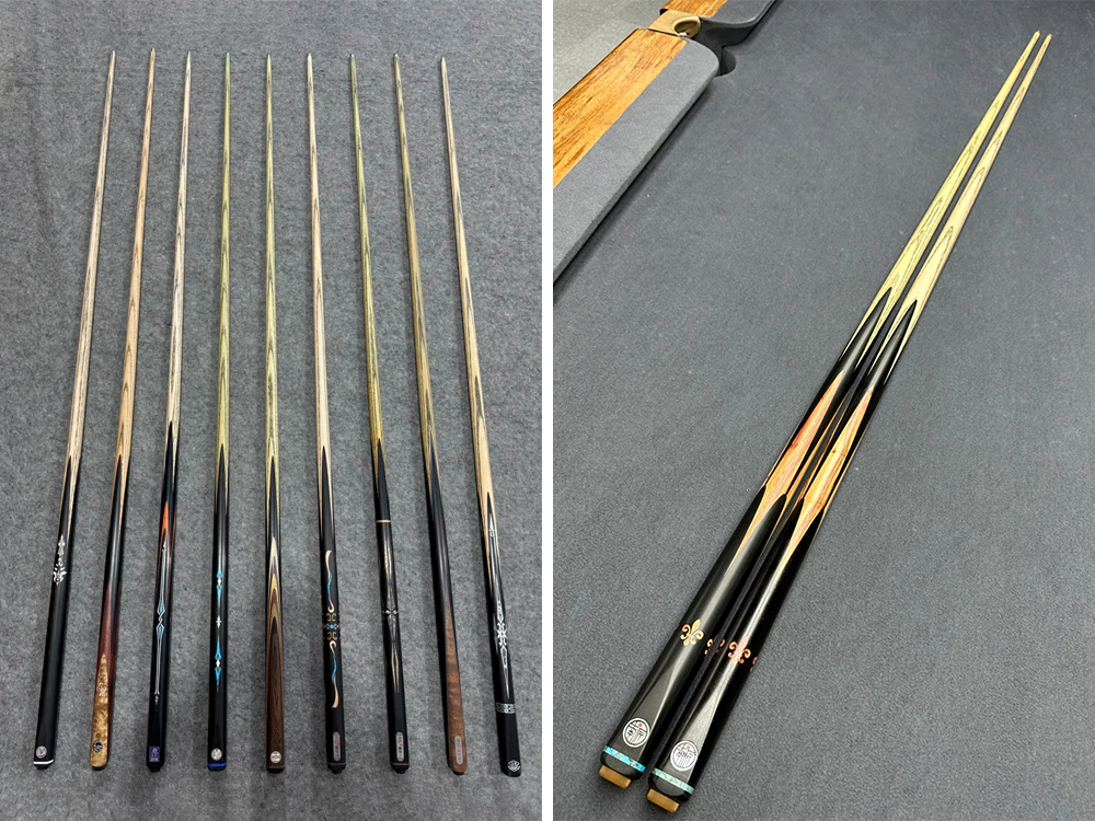 Example of 2-station pool cue machine processing of pool cues Example of 2-station pool cue machine processing of pool cues
