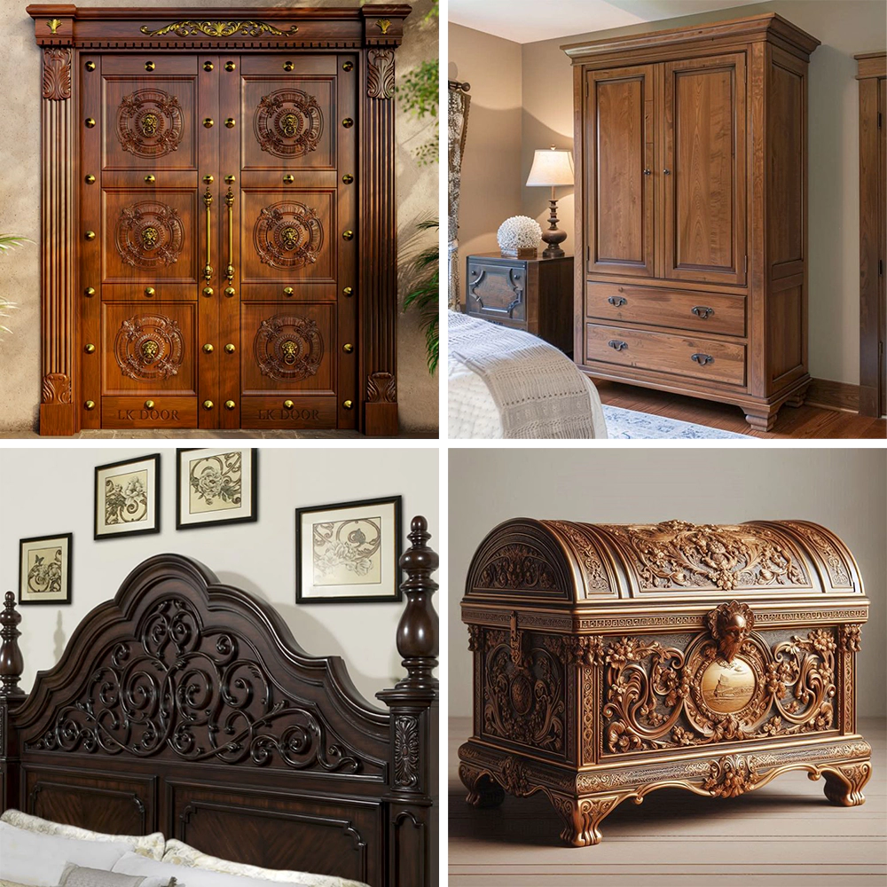 The CNC router with oscillating knife can process wooden doors, cabinets, headboards, wooden boxes, etc.