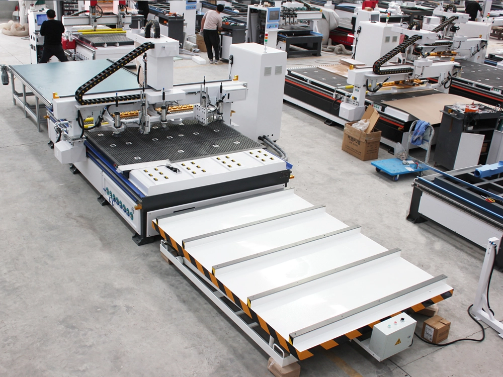 Top rear view of 7x10ft ATC CNC router with automatic loading and unloading Top rear view of 7x10ft ATC CNC router with automatic loading and unloading