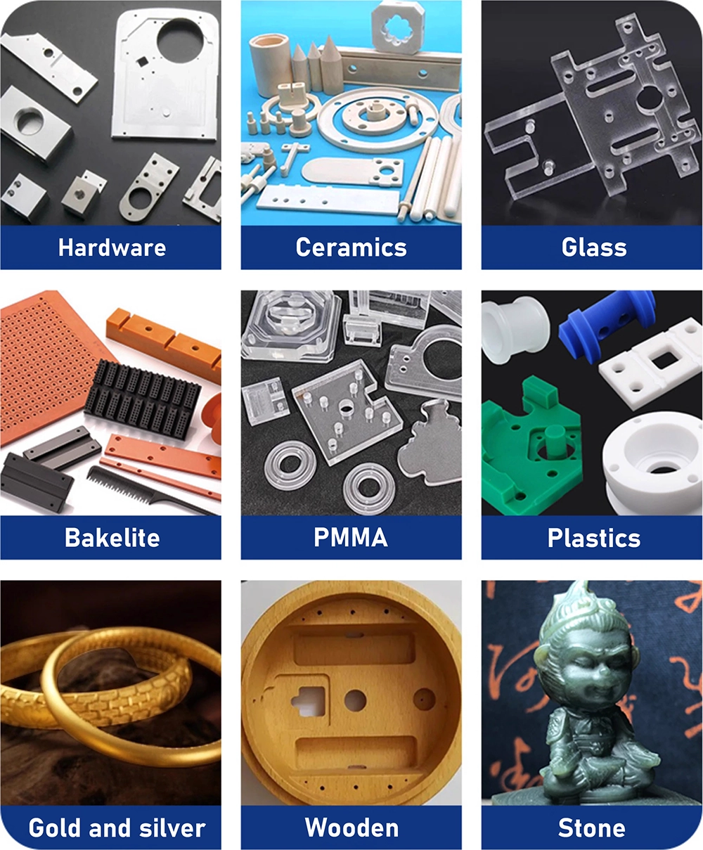 Vertical metal milling machines can process various hard materials such as hardware, ceramics, glass, bakelite, PMMA, plastic, gold and silver, wood, stone, etc.