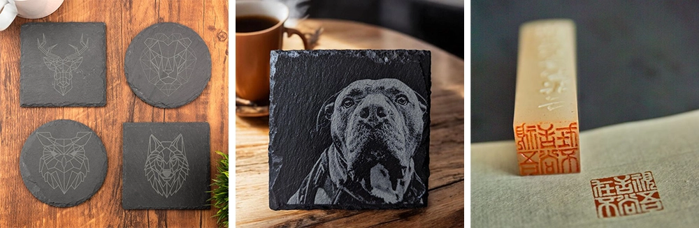 The RF CO2 laser marking machine can be engrave or mark on stone coasters and jade seals The RF CO2 laser marking machine can be engrave or mark on stone coasters and jade seals