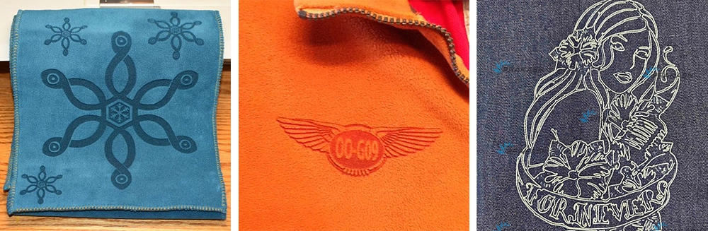 The RF CO2 laser marking machine can mark and burn out various natural textile fabrics, chemical fiber fabrics and denim fabrics The RF CO2 laser marking machine can mark and burn out various natural textile fabrics, chemical fiber fabrics and denim fabrics