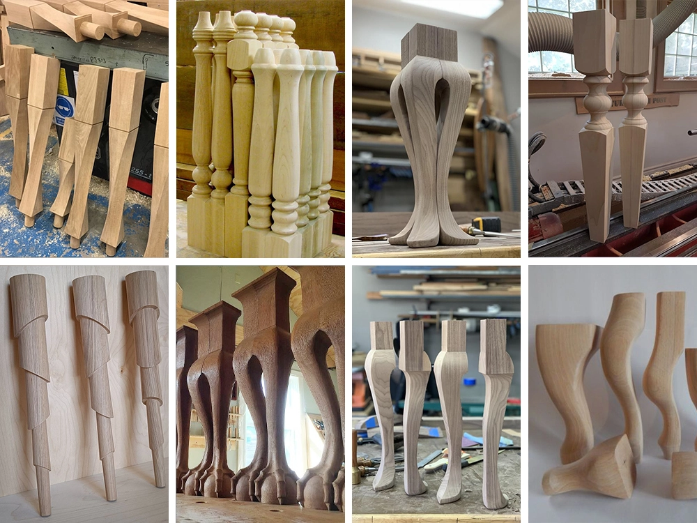 Examples of the 7-in-1 multifunctional CNC wood lathe processing various types of special-shaped curved wooden table and chair legs and armrests