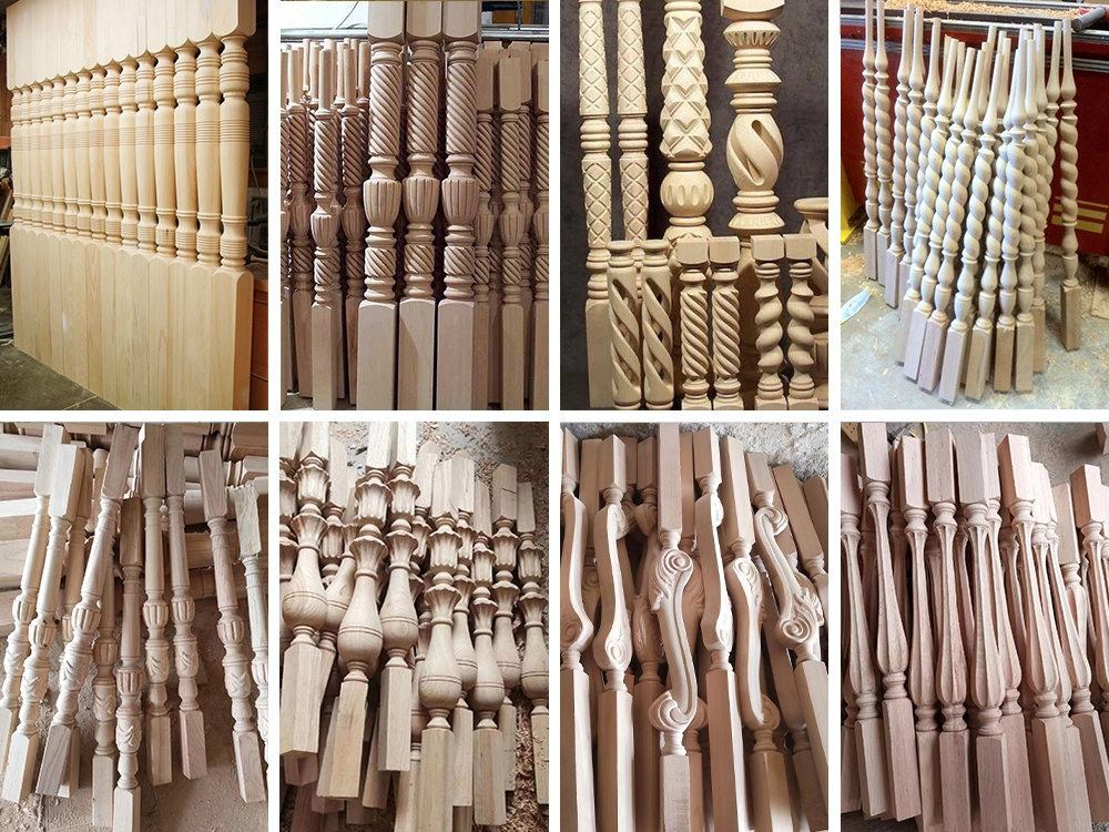Example of a 7-in-1 multifunctional CNC wood lathe machining stair columns with complex shapes, grooves, and patterns Example of a 7-in-1 multifunctional CNC wood lathe machining stair columns with complex shapes, grooves, and patterns