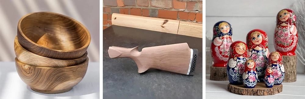 The ATC CNC wood lathe can process wooden bowls, Matryoshka dolls, wooden buttstocks etc. The ATC CNC wood lathe can process wooden bowls, Matryoshka dolls, wooden buttstocks etc.