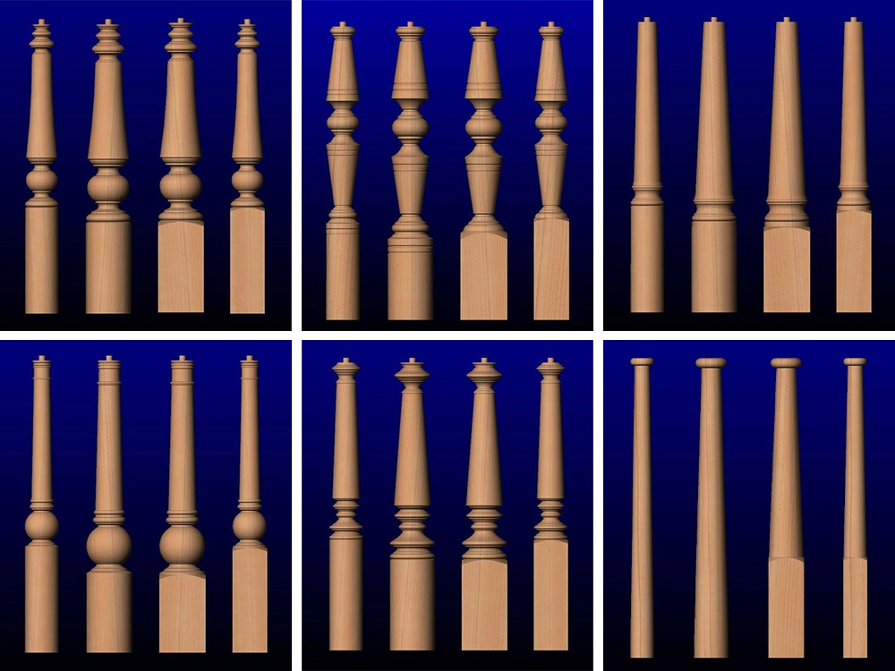 Various wooden table and chair legs made by small CNC wood lathe Various wooden table and chair legs made by small CNC wood lathe