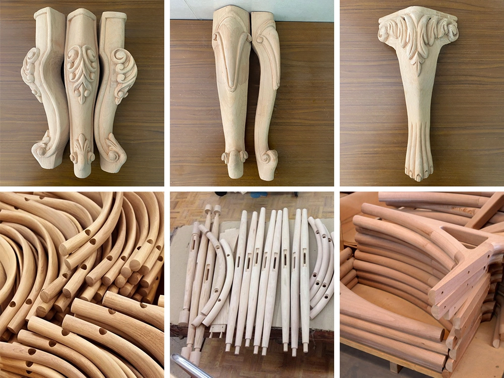 Example of 7-in-1 5-axis CNC wood lathe processed table legs and chair parts Example of 7-in-1 5-axis CNC wood lathe processed table legs and chair parts