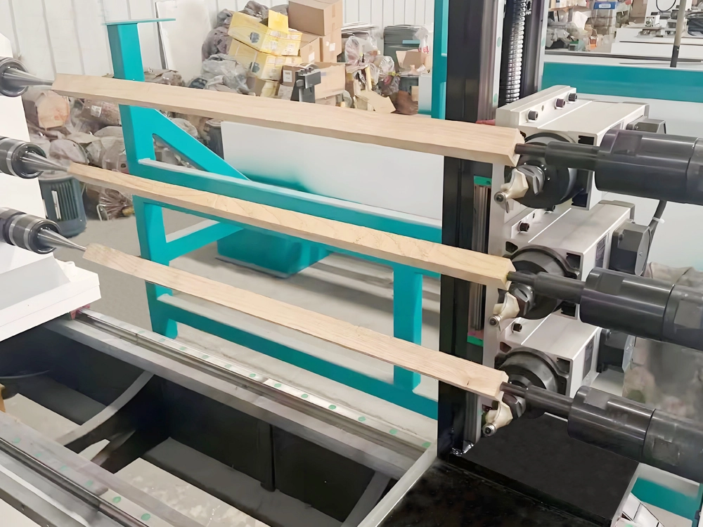 3-Station CNC Wood Lathe for Mass Production of Pool Cues 3-Station CNC Wood Lathe for Mass Production of Pool Cues