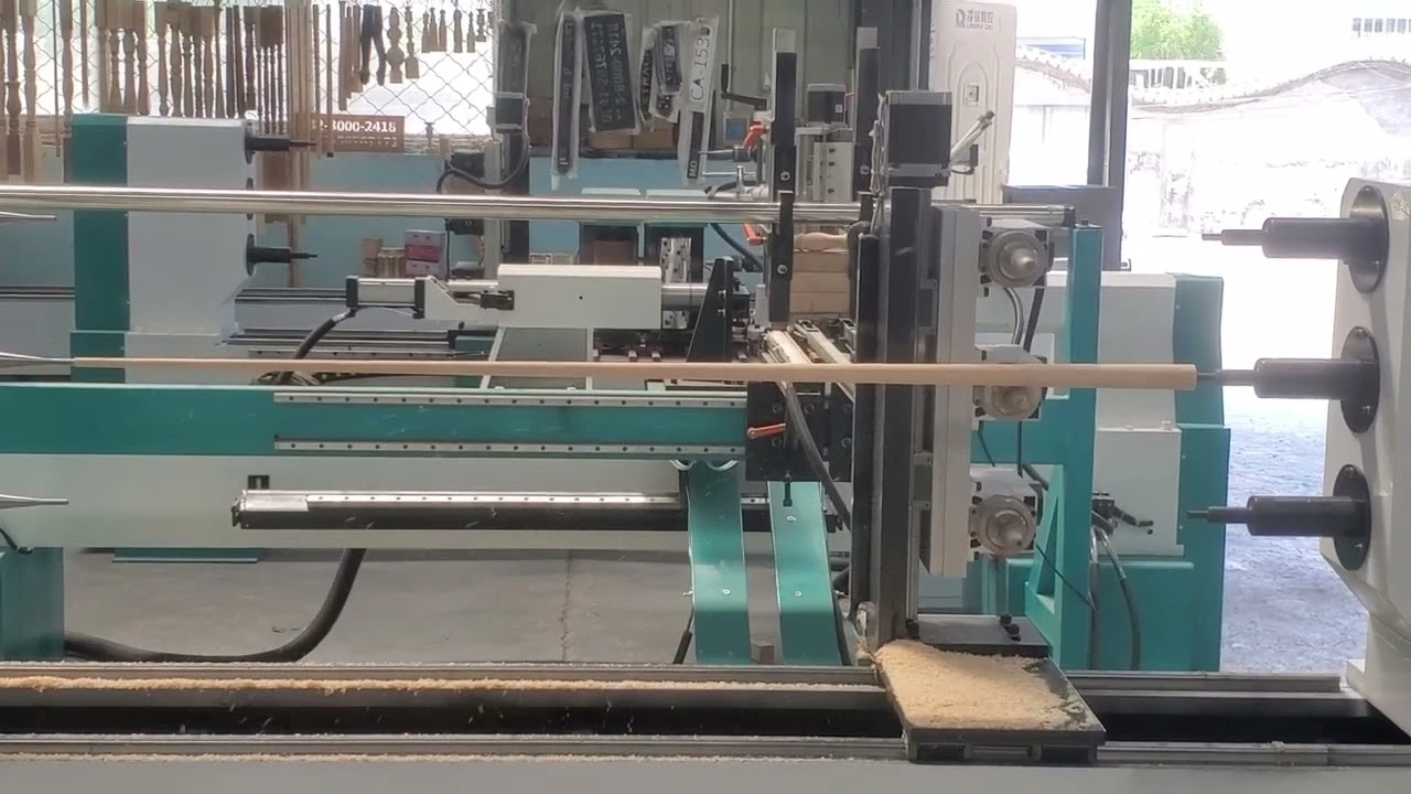 3-Station CNC Wood Lathe for Mass Production of Pool Cues 3-Station CNC Wood Lathe for Mass Production of Pool Cues